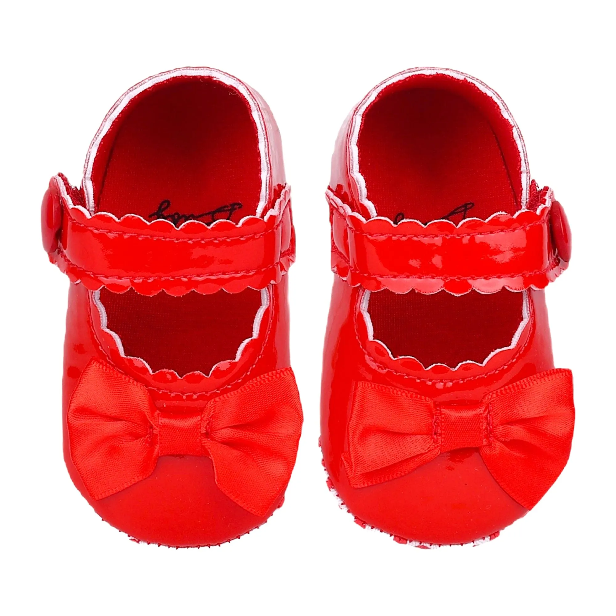 Baby Moo Bow Velcro Strap Patent Leather Anti-Skid Ballerina Booties - Red