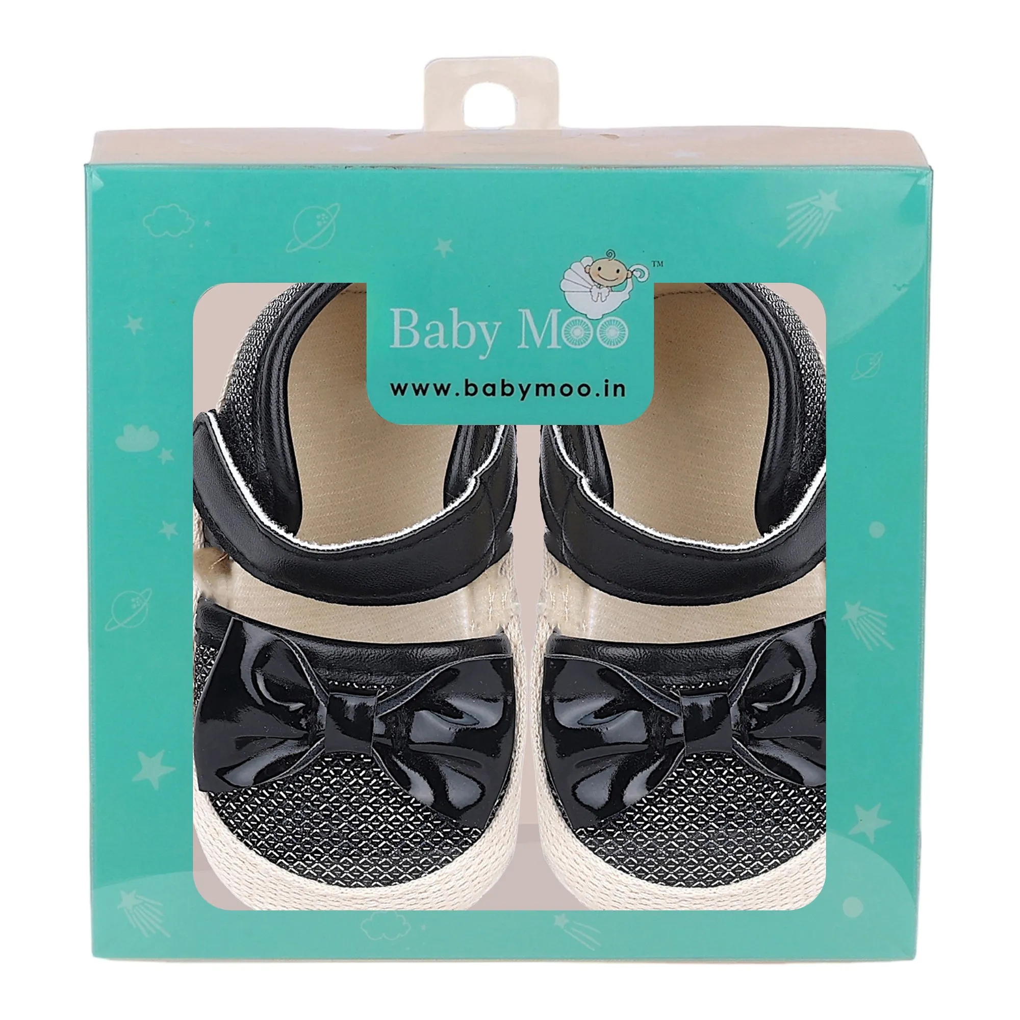 Baby Moo Glittery Partywear Bow Velcro Strap Anti-Skid Sandals - Black