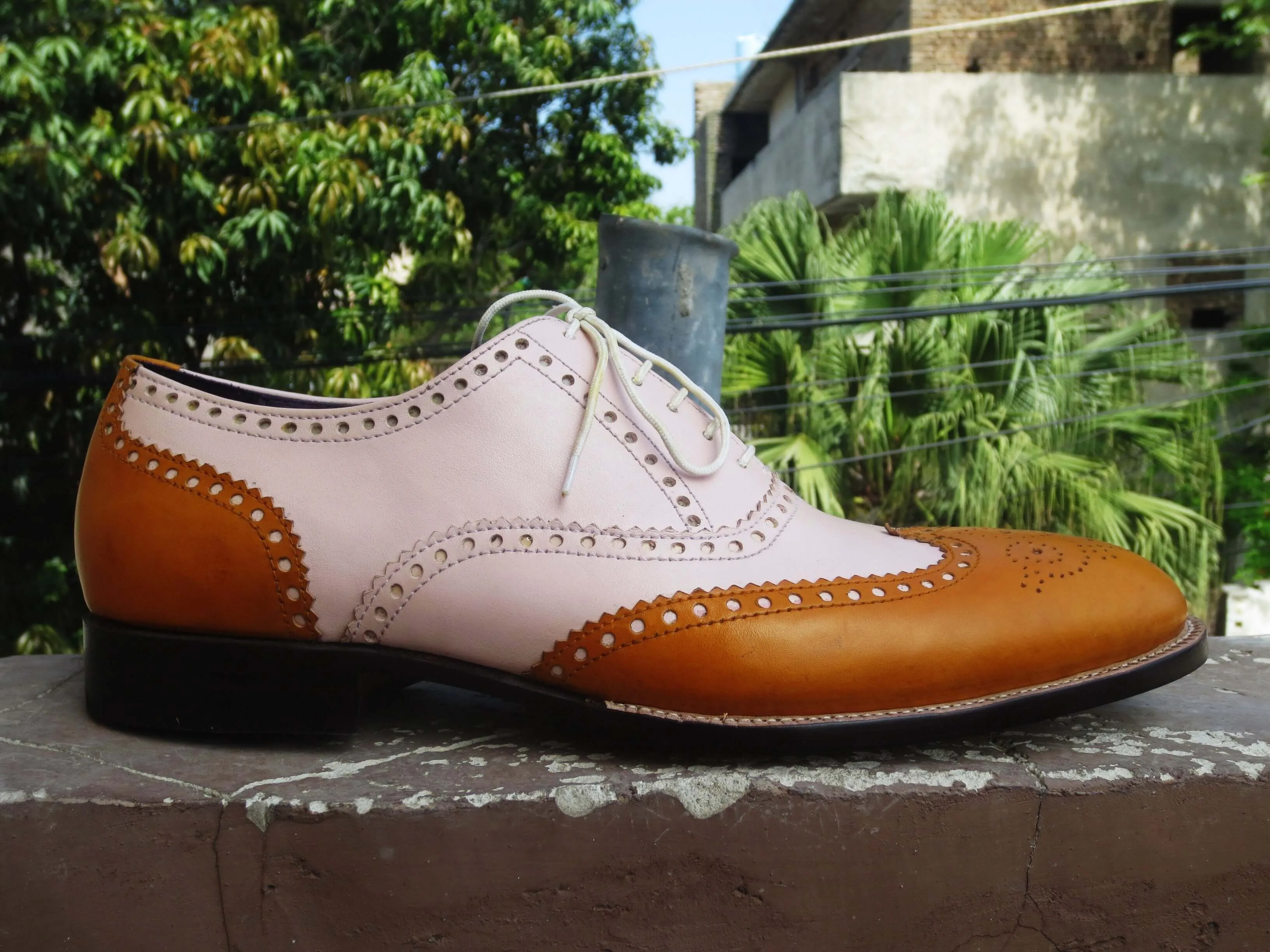 Bespoke Tan and White Leather Wing Tip Lace Up Shoes for Men's