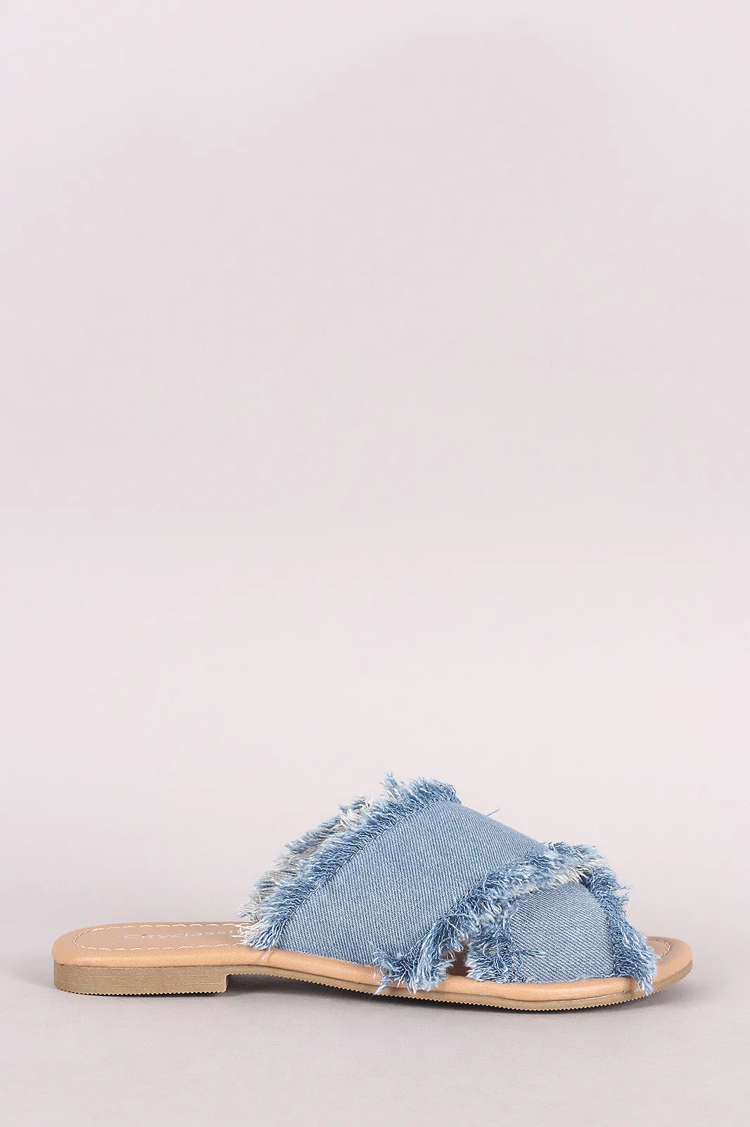 City Classified Crisscross Frayed Denim Slide Flat Sandal