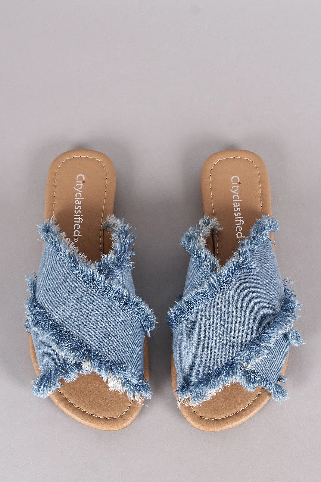 City Classified Crisscross Frayed Denim Slide Flat Sandal