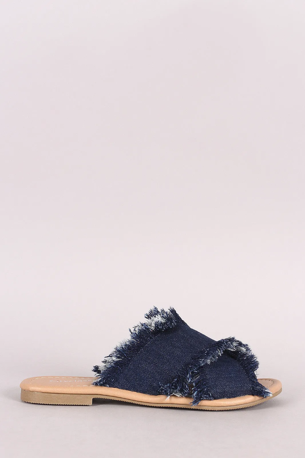 City Classified Crisscross Frayed Denim Slide Flat Sandal