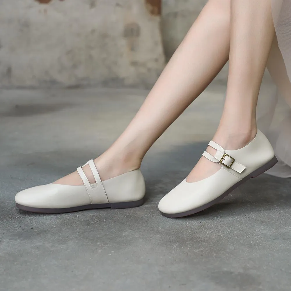 Comfy Leather Mary Jane Flats Beige/Coffee