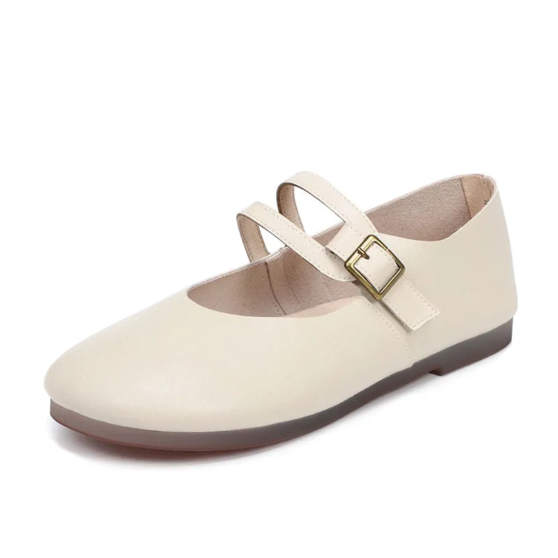 Comfy Leather Mary Jane Flats Beige/Coffee