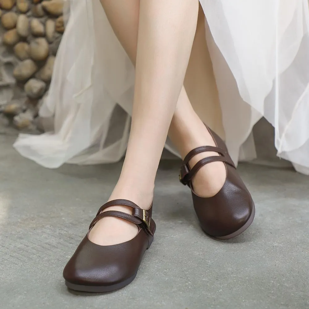 Comfy Leather Mary Jane Flats Beige/Coffee