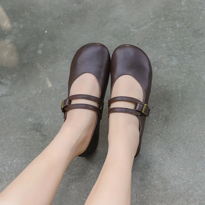 Comfy Leather Mary Jane Flats Beige/Coffee