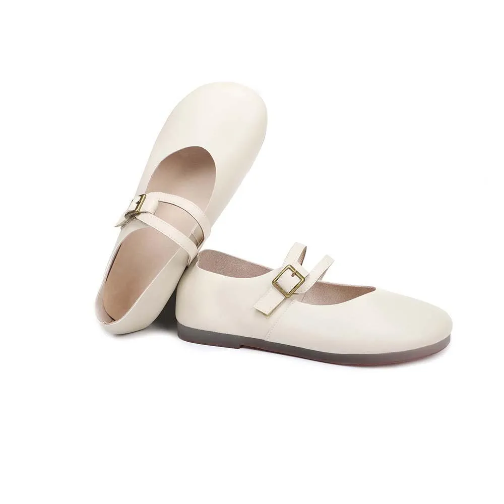 Comfy Leather Mary Jane Flats Beige/Coffee