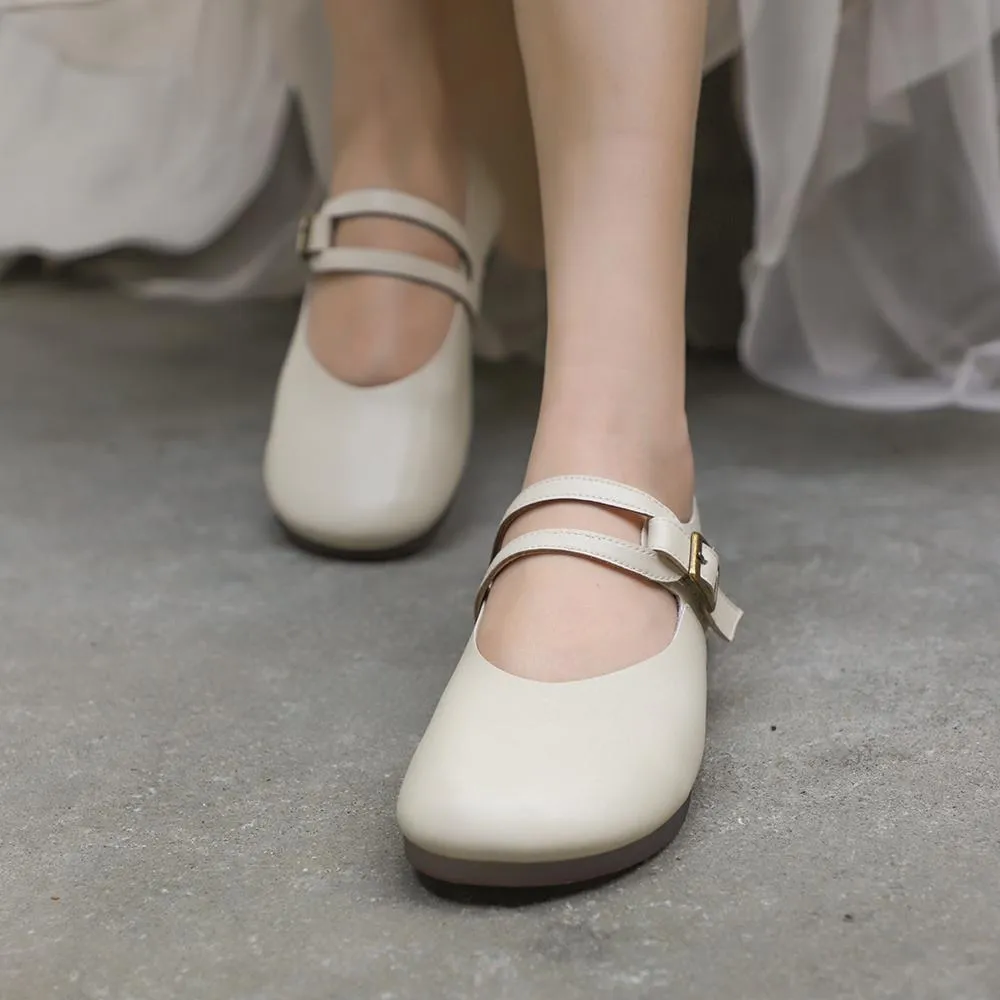 Comfy Leather Mary Jane Flats Beige/Coffee