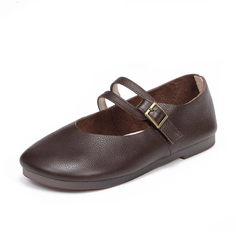 Comfy Leather Mary Jane Flats Beige/Coffee