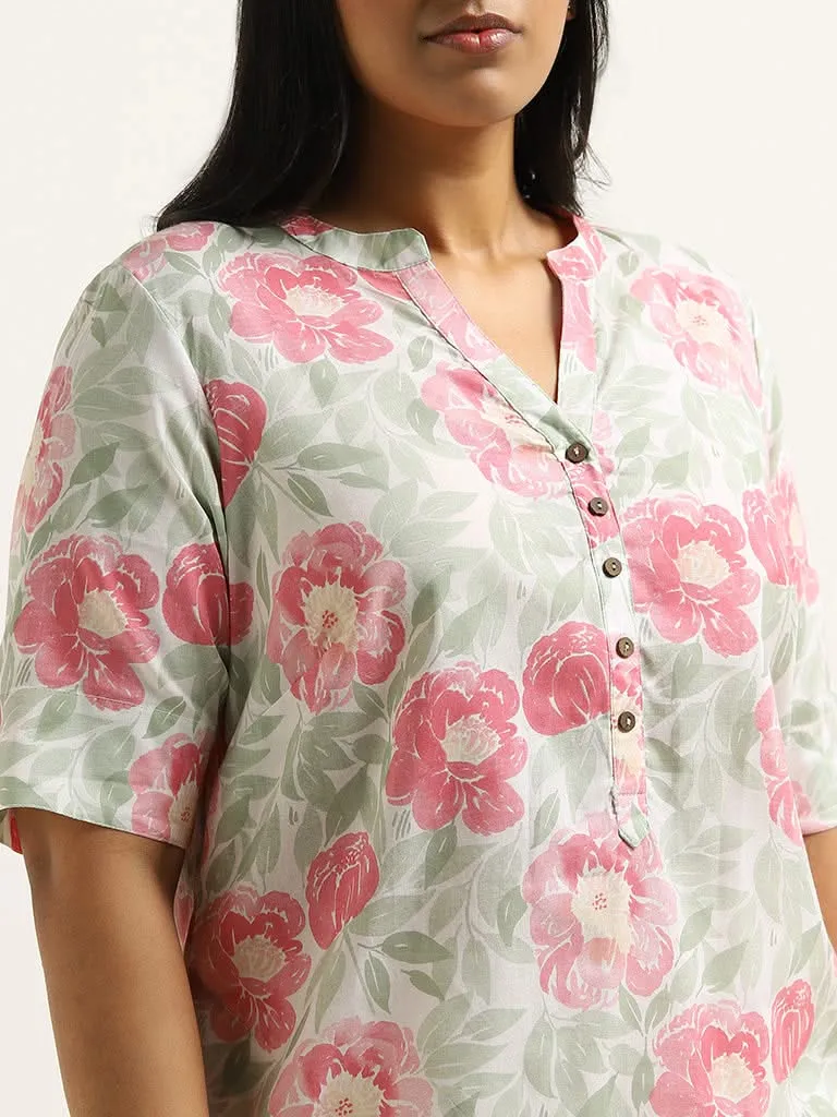 Diza Pink Floral Printed Cotton Kurta