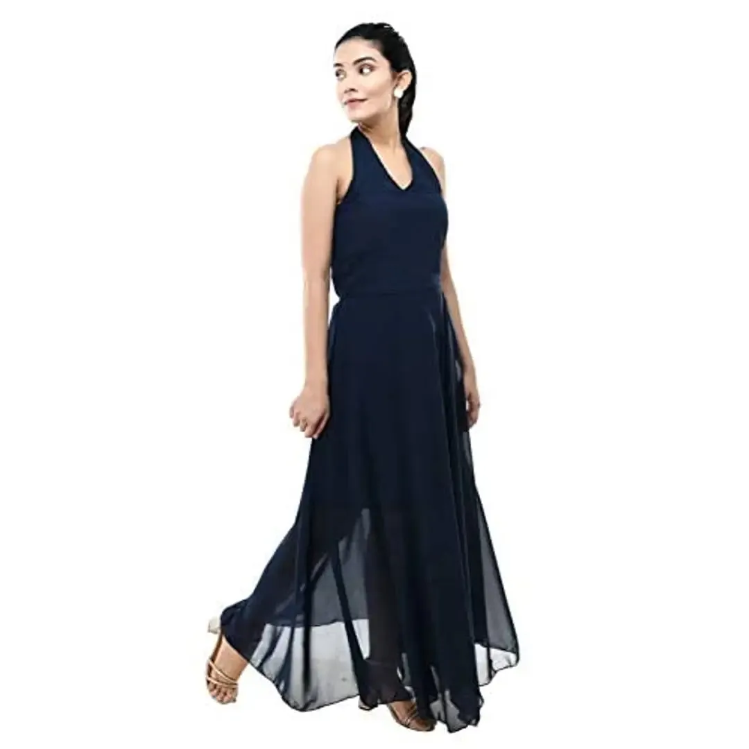 Fashion Hub Halter Dress for Women (Small, Navy)