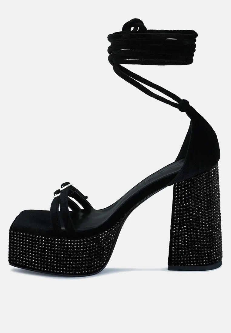 FIRECROWN Black Rhinestone Platform High Block Sandals