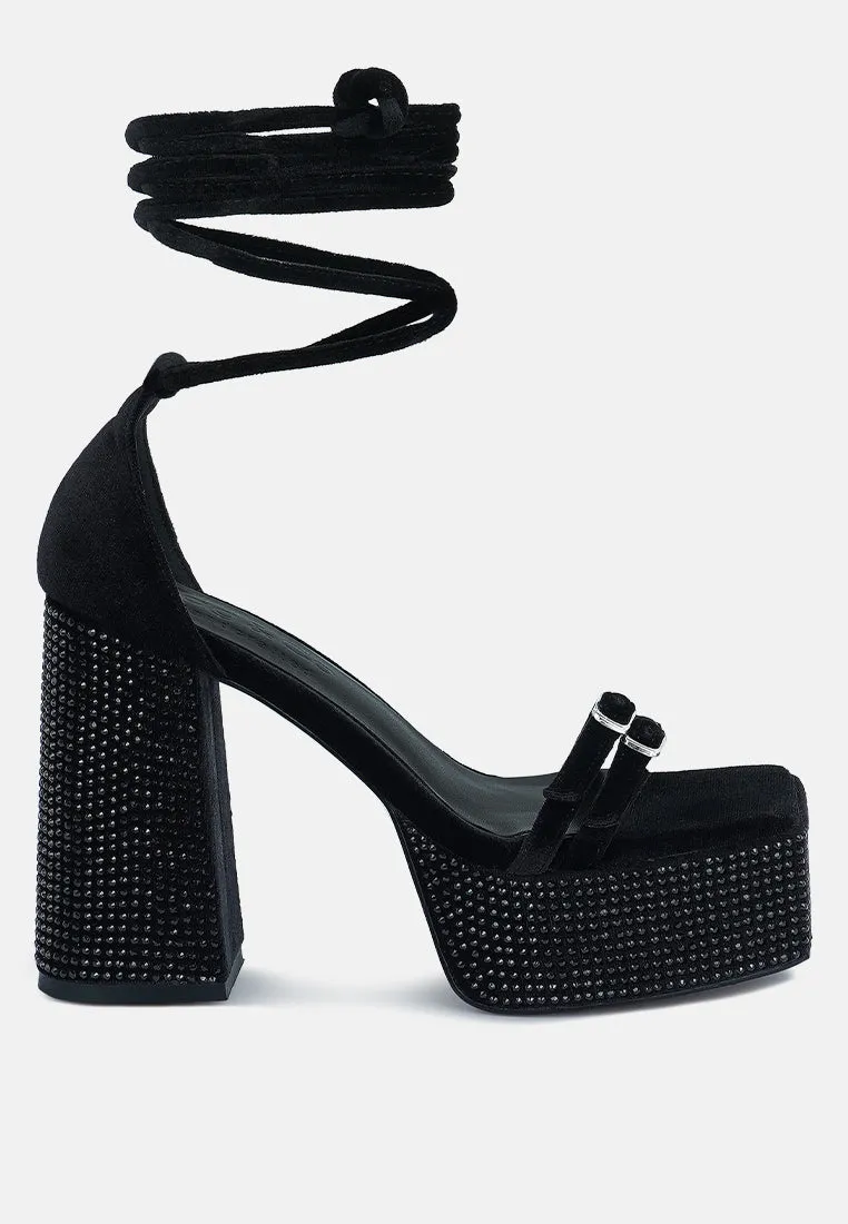 FIRECROWN Black Rhinestone Platform High Block Sandals