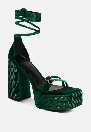 FIRECROWN Green Rhinestone Platform High Block Sandals