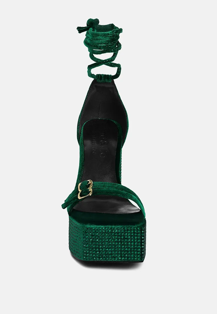 FIRECROWN Green Rhinestone Platform High Block Sandals