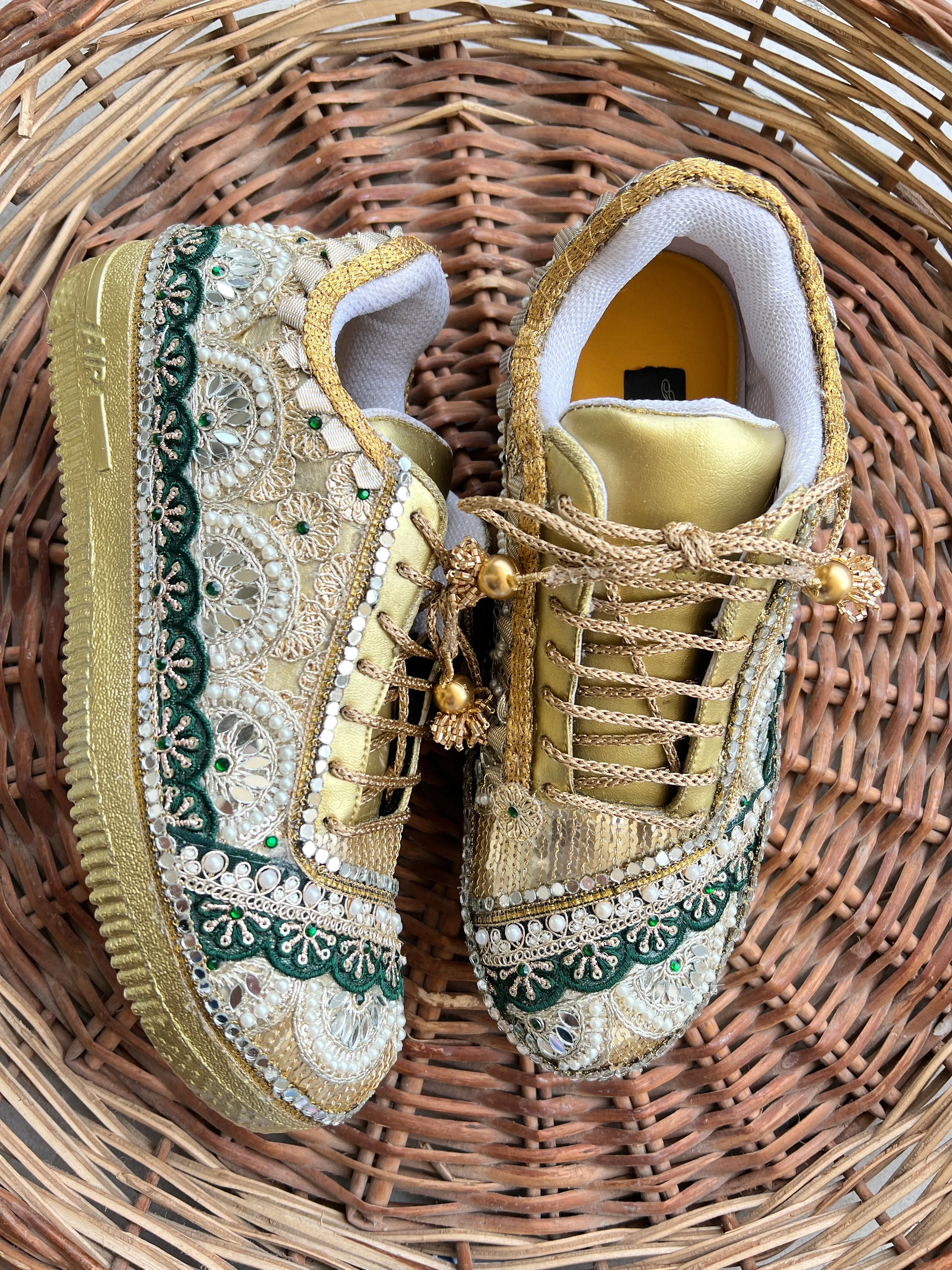 FUNKY N TRENDY Green and Gold intricate hand work sneakers for brides / bridesmaids / green sneakers / bottle green sneakers / green shoes / golden sneakers