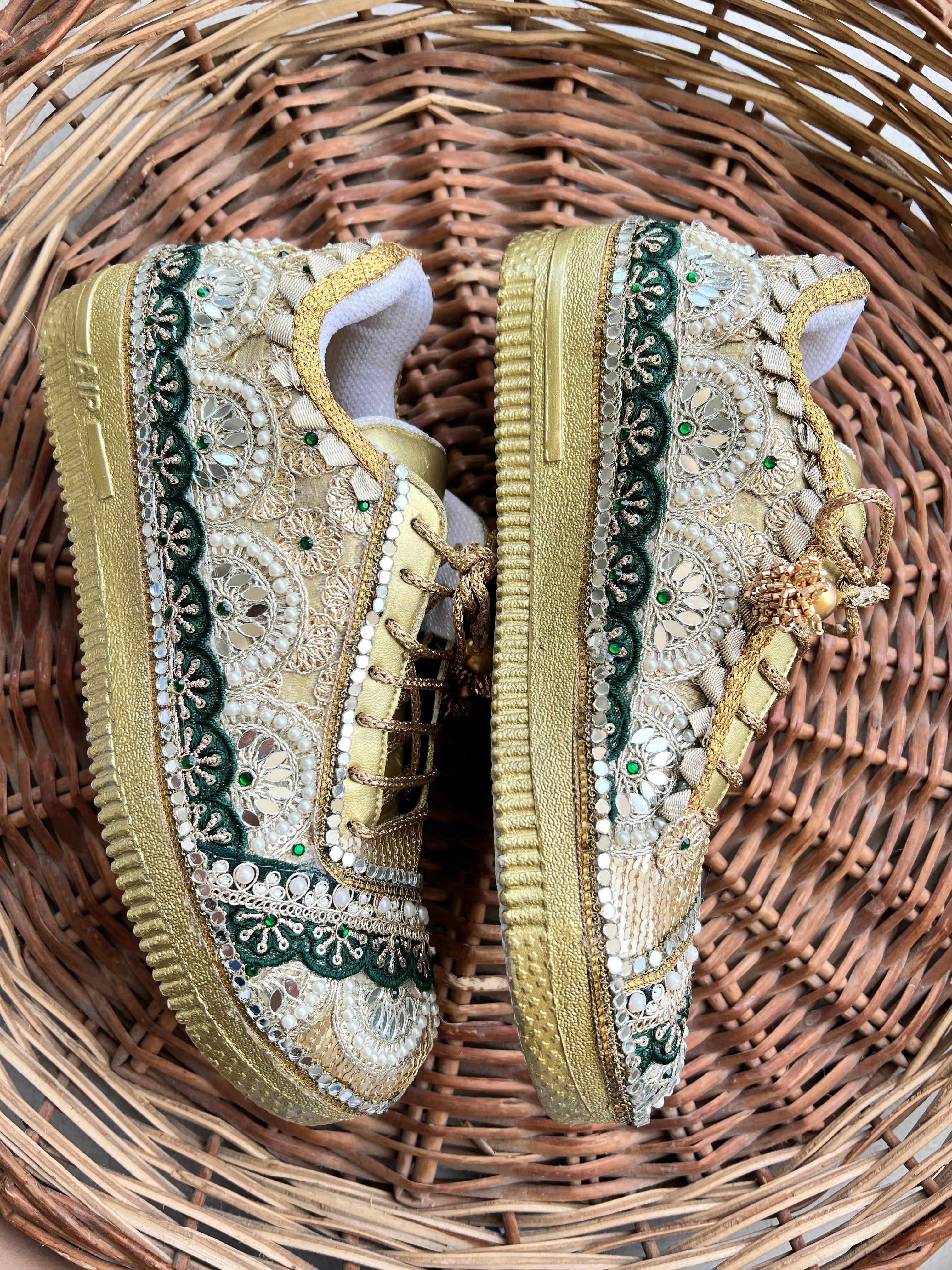 FUNKY N TRENDY Green and Gold intricate hand work sneakers for brides / bridesmaids / green sneakers / bottle green sneakers / green shoes / golden sneakers