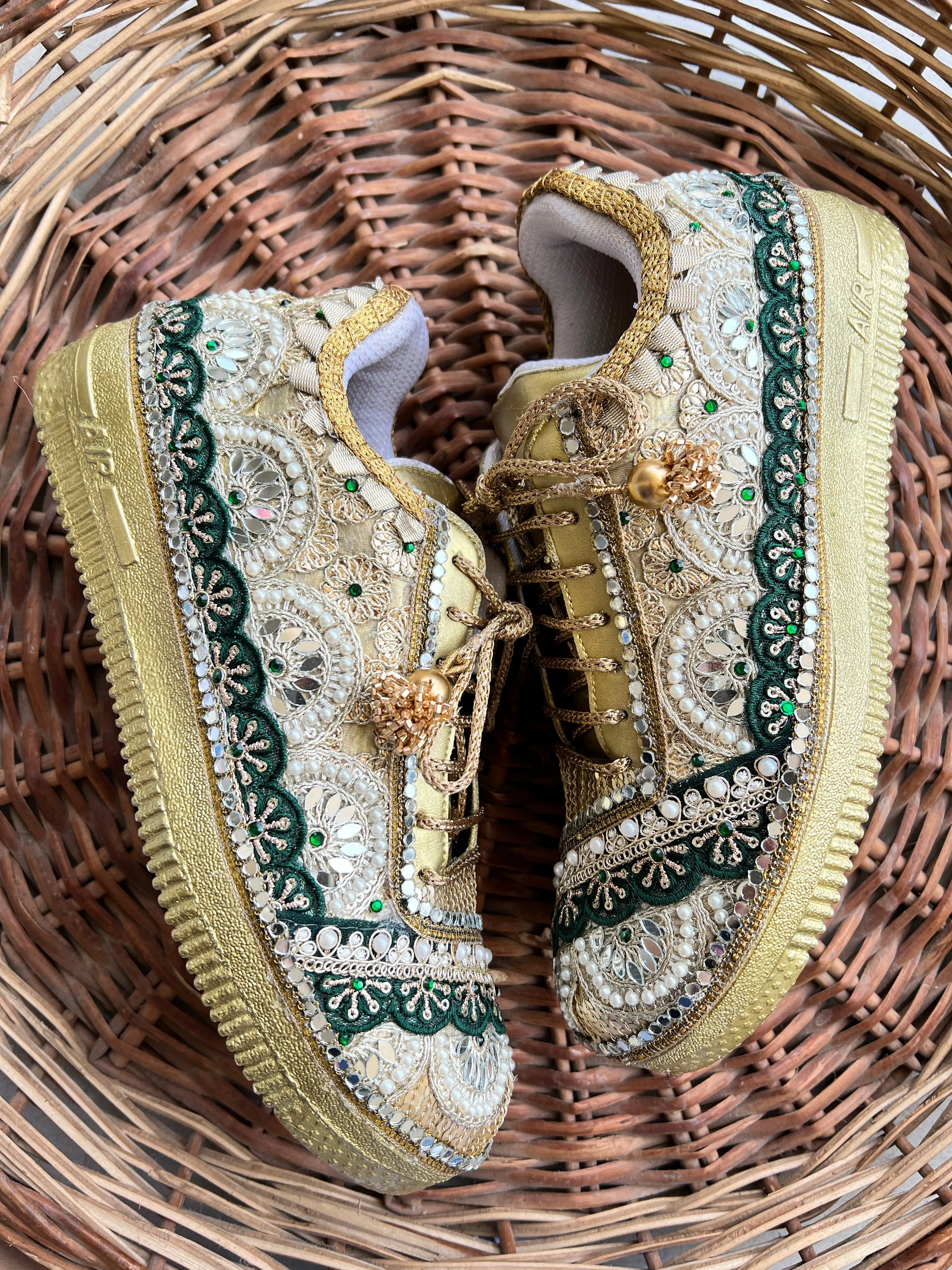 FUNKY N TRENDY Green and Gold intricate hand work sneakers for brides / bridesmaids / green sneakers / bottle green sneakers / green shoes / golden sneakers