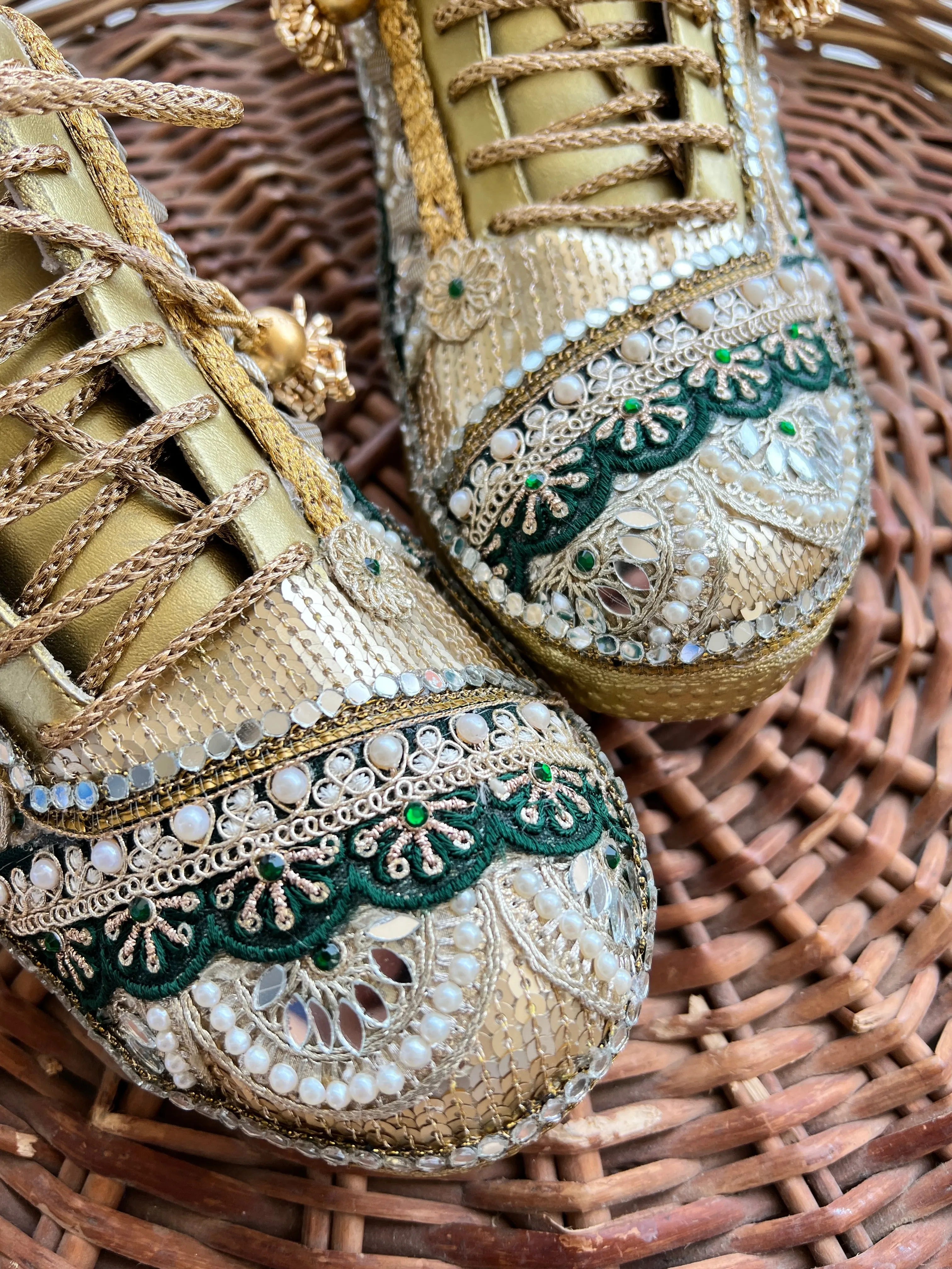 FUNKY N TRENDY Green and Gold intricate hand work sneakers for brides / bridesmaids / green sneakers / bottle green sneakers / green shoes / golden sneakers