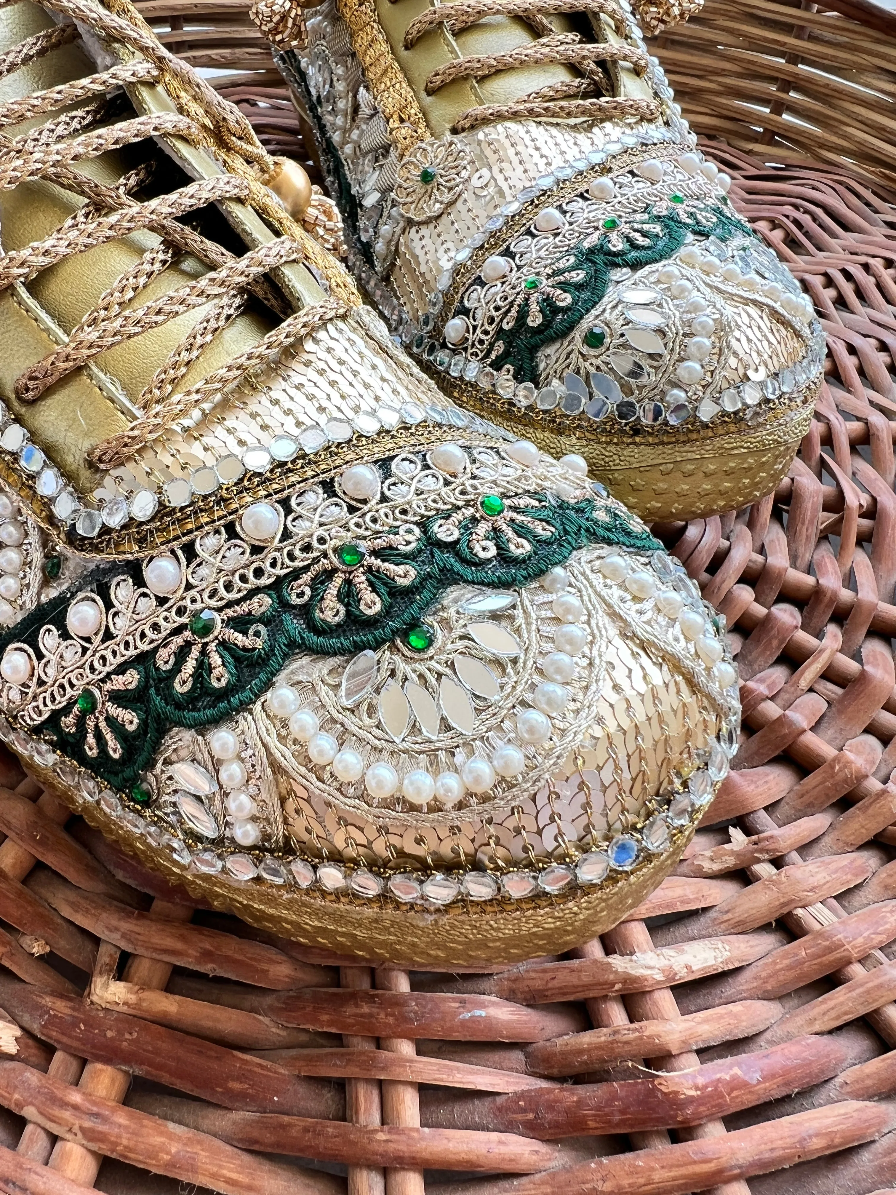 FUNKY N TRENDY Green and Gold intricate hand work sneakers for brides / bridesmaids / green sneakers / bottle green sneakers / green shoes / golden sneakers