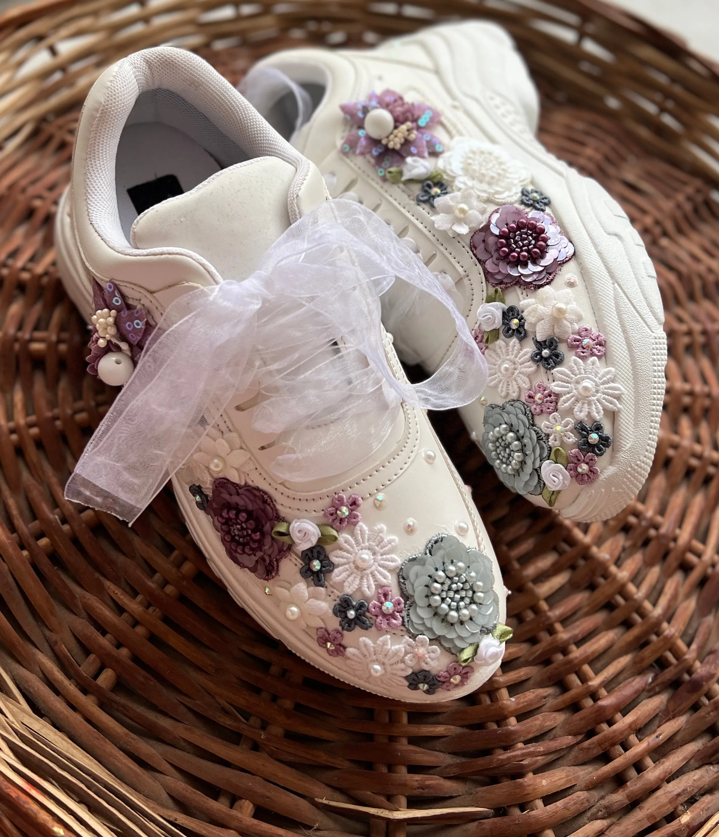 FUNKY N TRENDY hand embroidered floral work sneakers/ white sneakers /bridal shoes / bridal sneakers / floral sneakers/flower shoes /bridesmaid sneakers/ grey shoes / purple sneakers/ white sneakers