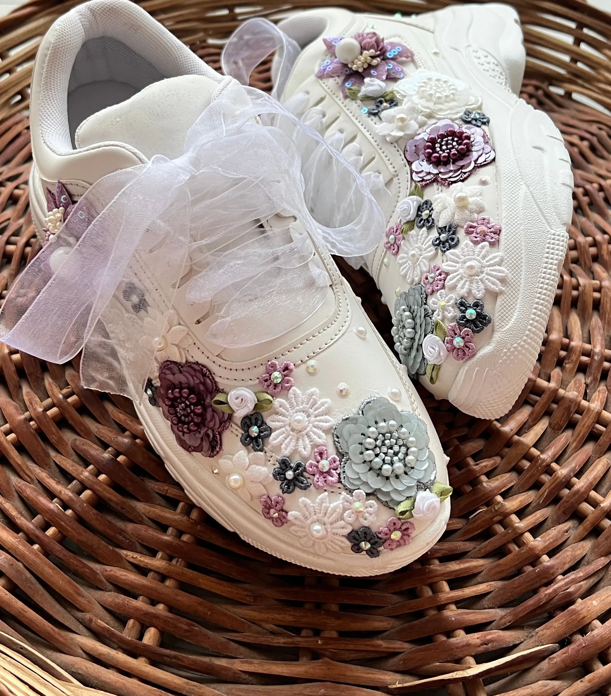 FUNKY N TRENDY hand embroidered floral work sneakers/ white sneakers /bridal shoes / bridal sneakers / floral sneakers/flower shoes /bridesmaid sneakers/ grey shoes / purple sneakers/ white sneakers