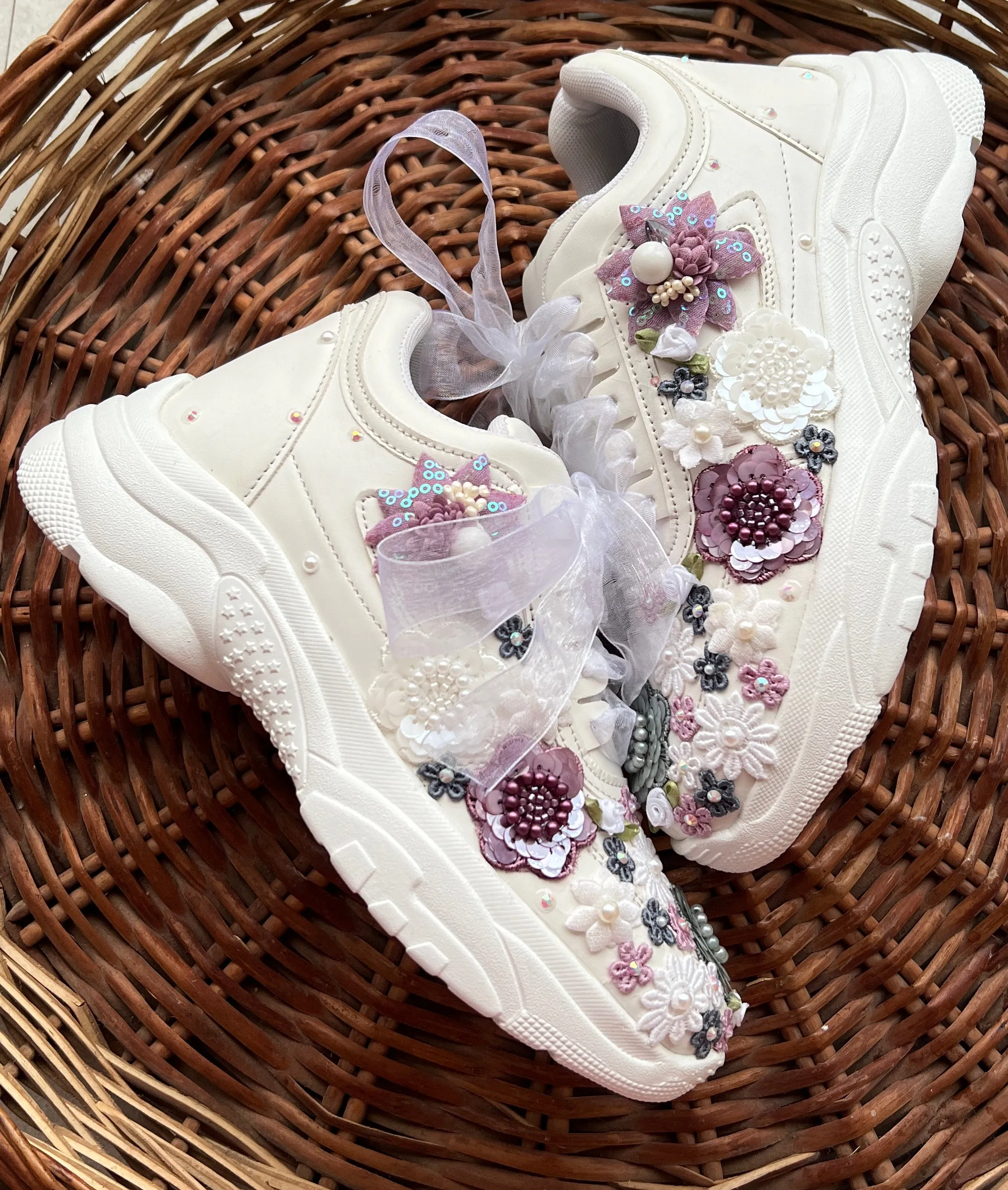 FUNKY N TRENDY hand embroidered floral work sneakers/ white sneakers /bridal shoes / bridal sneakers / floral sneakers/flower shoes /bridesmaid sneakers/ grey shoes / purple sneakers/ white sneakers