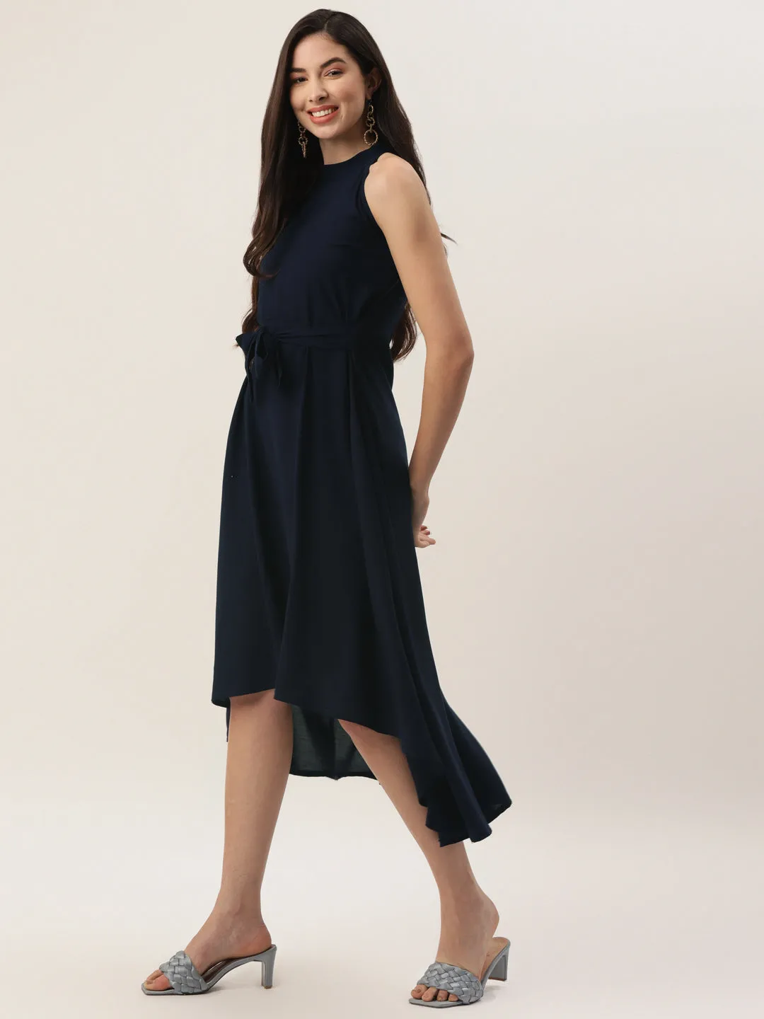 Girl's Navy Blue Color Rayon Solid A-Line Westen Wear Dress - Vaaba