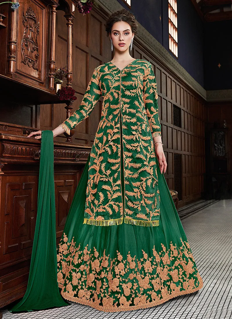 Green Golden Zardoshi Embroidered Party Wear Lehenga Suit