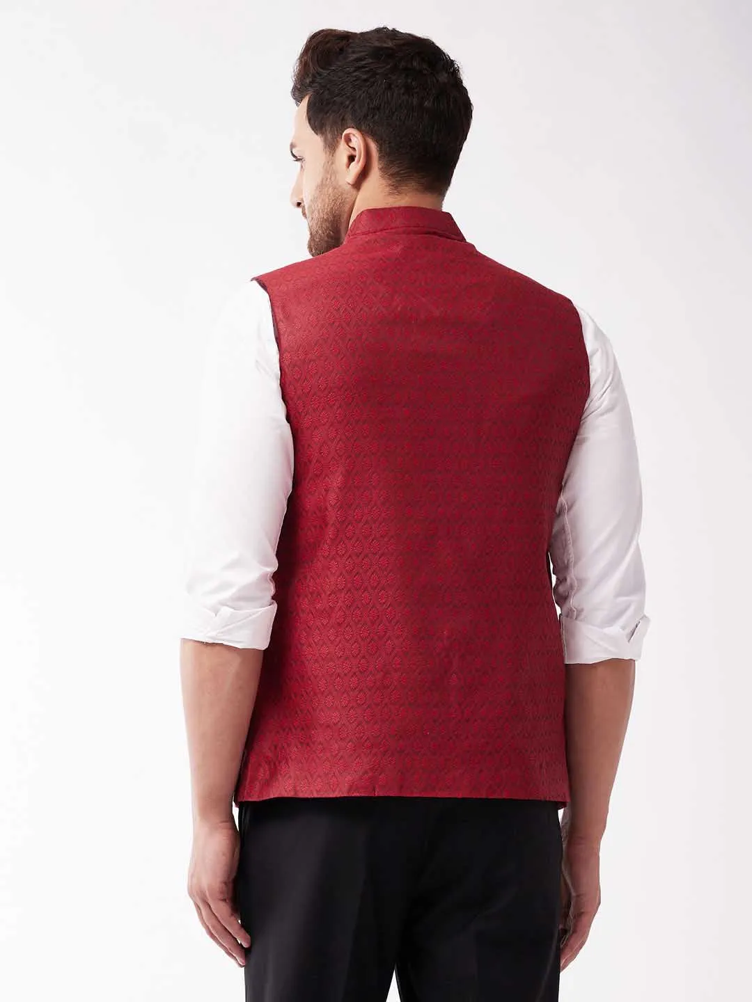 Jashvi Men's Maroon Jacquard Nehru Jacket