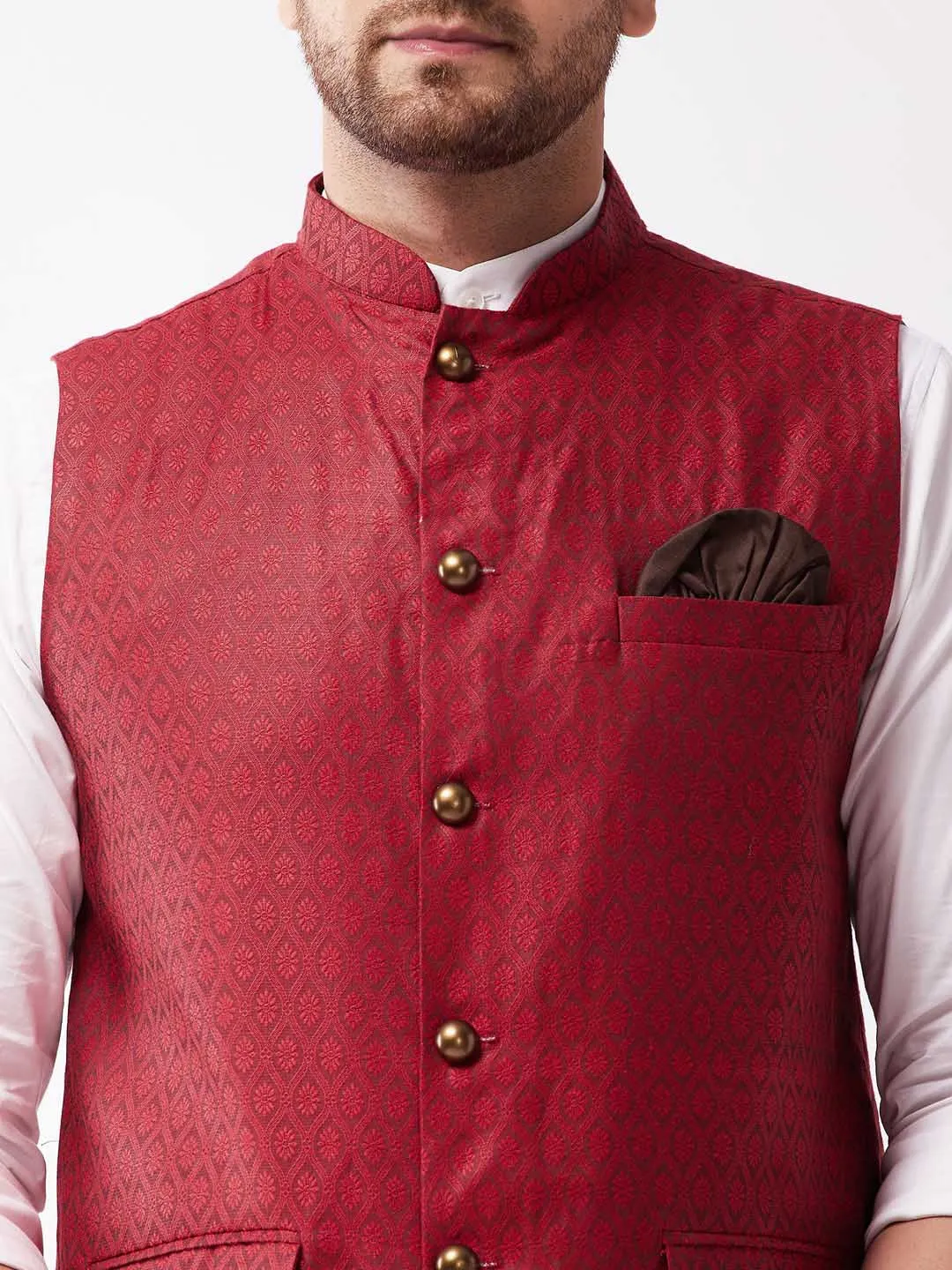 Jashvi Men's Maroon Jacquard Nehru Jacket