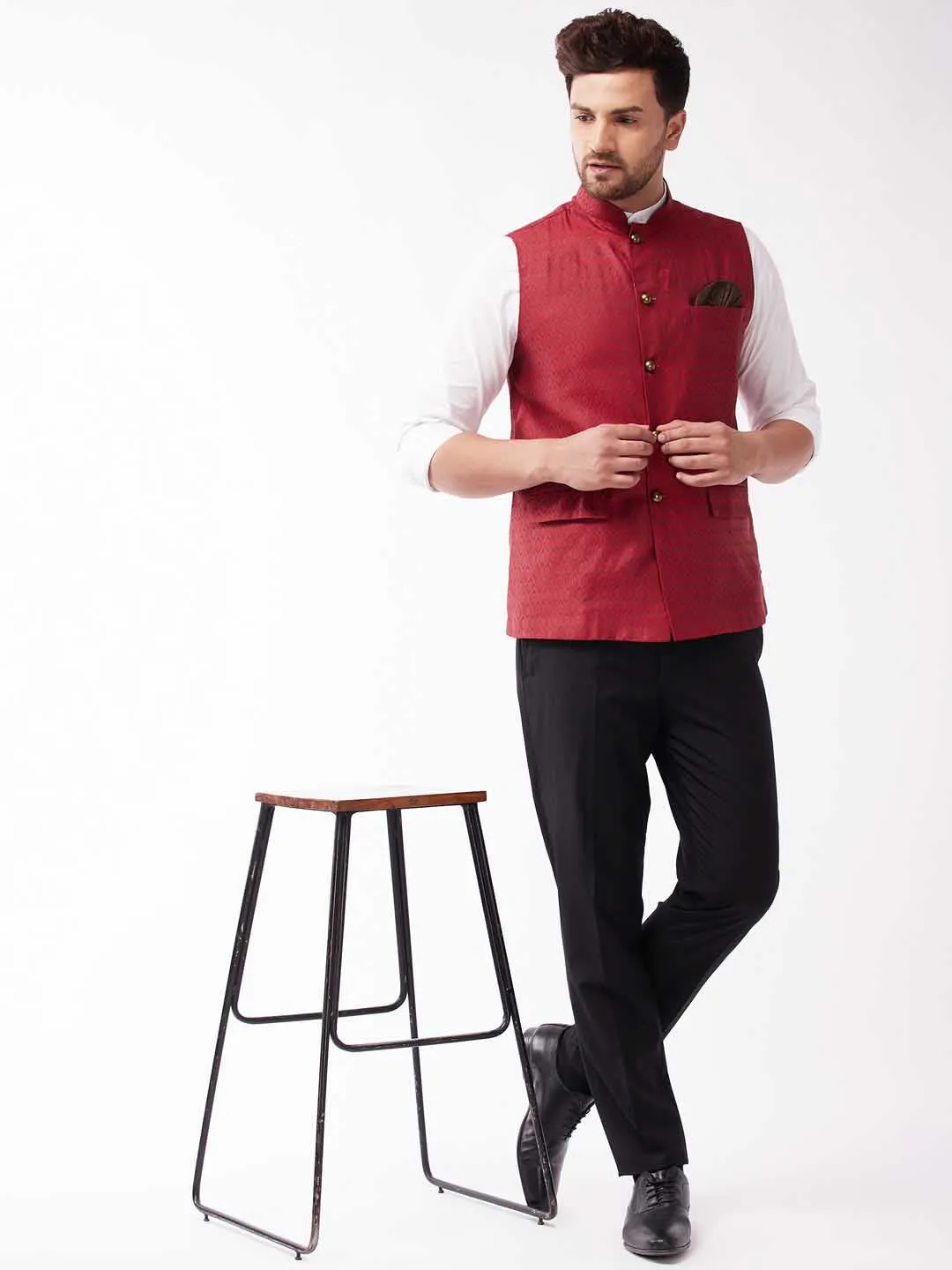 Jashvi Men's Maroon Jacquard Nehru Jacket