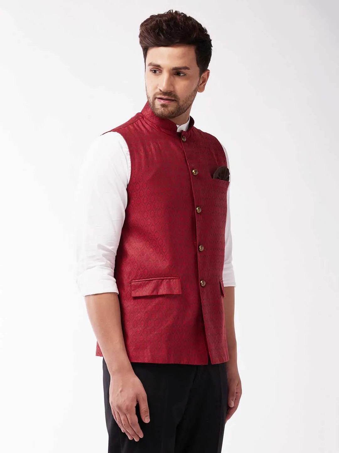 Jashvi Men's Maroon Jacquard Nehru Jacket