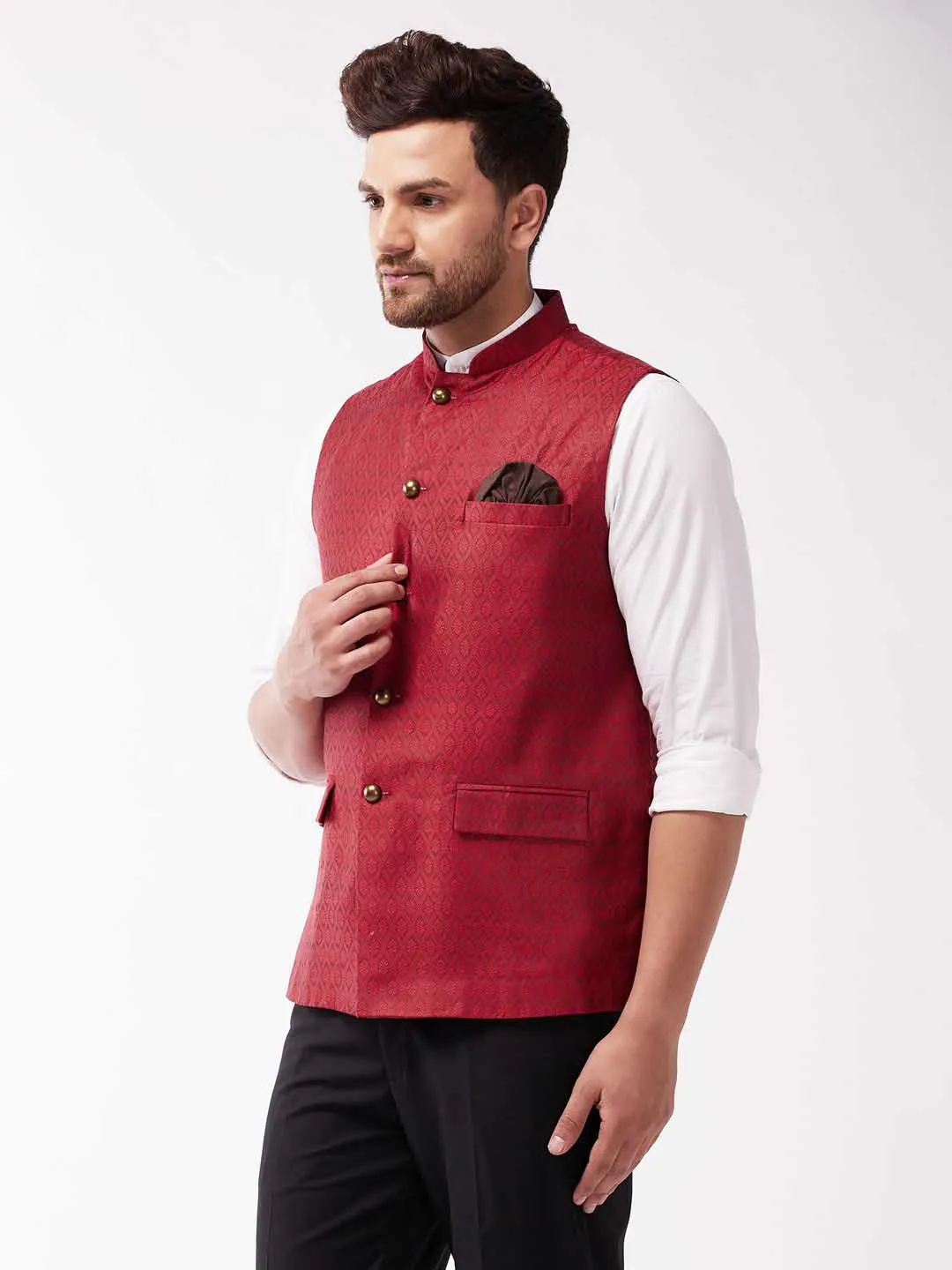 Jashvi Men's Maroon Jacquard Nehru Jacket