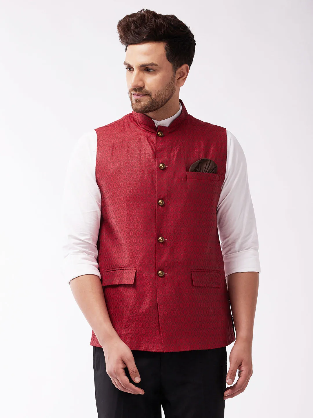 Jashvi Men's Maroon Jacquard Nehru Jacket