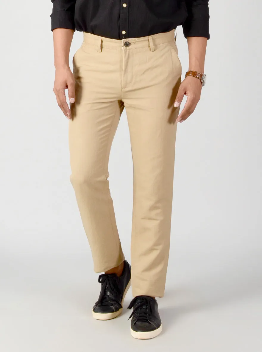 Khaki Self Textured Slim Fit Casual Trouser | JadeBlue