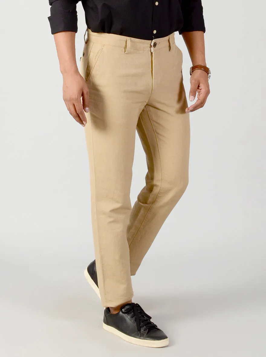 Khaki Self Textured Slim Fit Casual Trouser | JadeBlue