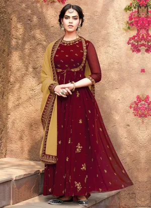 Maroon Embroidered Koti Style Anarkali Suit