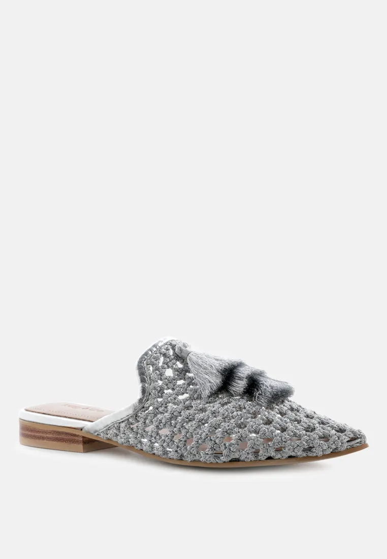 MELANIE Silver Tassels Embellished Woven Flat Mules