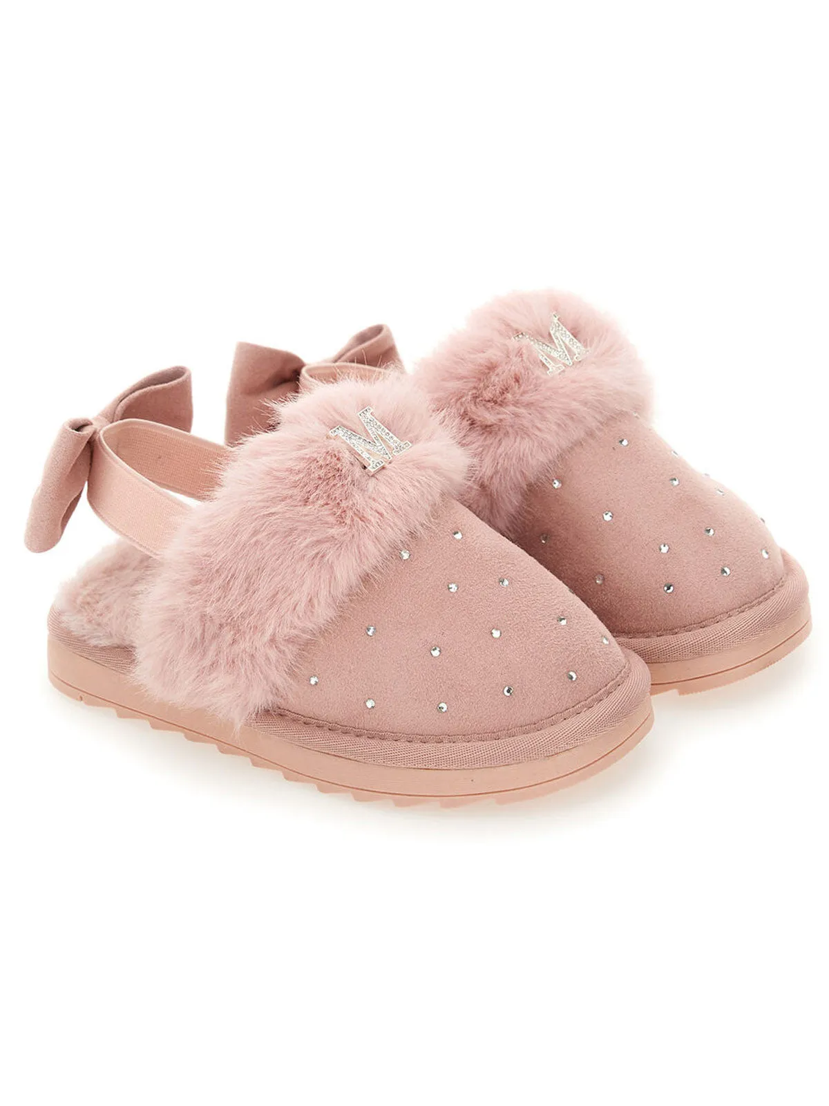 Monnalisa-Rhinestone-embellished suede slippers