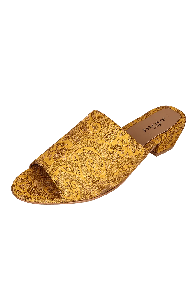 Mustard Yellow Brocade Block Heels