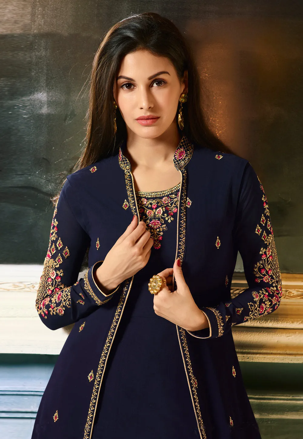 Navy Blue Embroidered Jacket Anarkali Suit