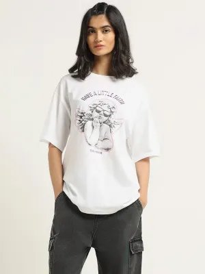 Nuon White Printed Cotton T-Shirt