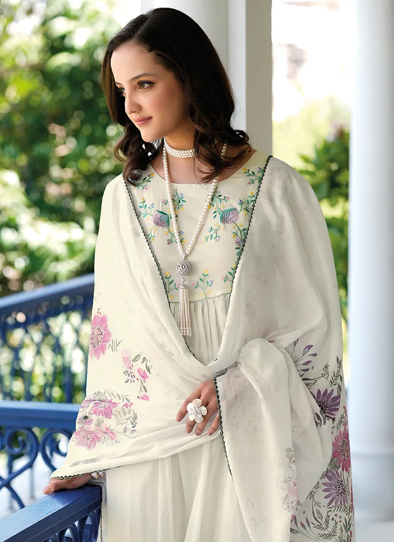 Off White Embroidery Cotton Anarkali Pant Suit