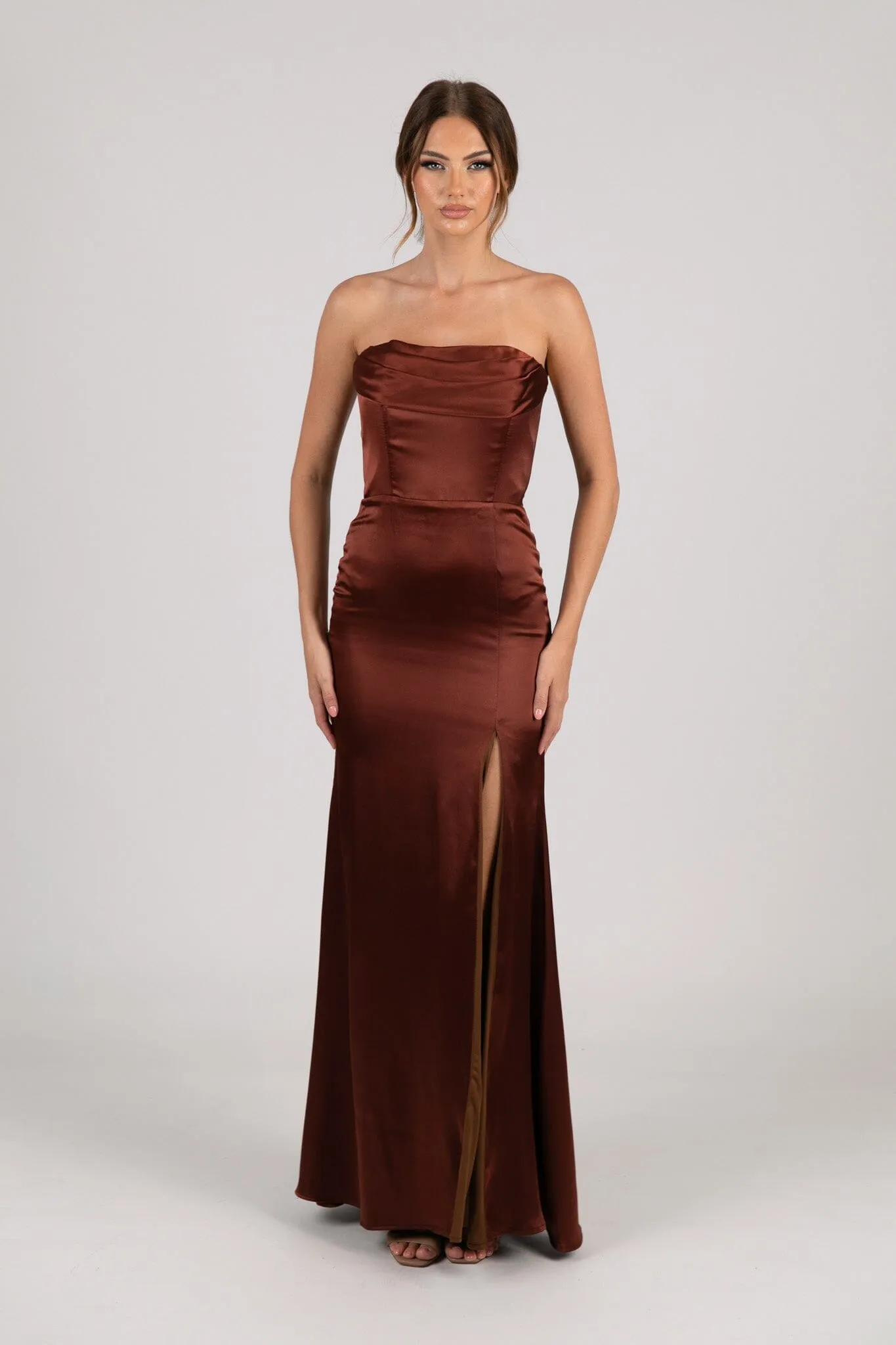 Peyton Strapless Satin Maxi Dress - Mahogany