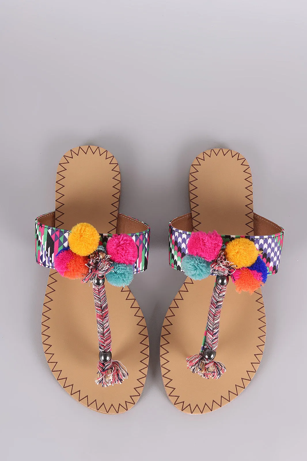 Qupid Pom Pom Kaleidoscope Print T-Strap Flat Sandal