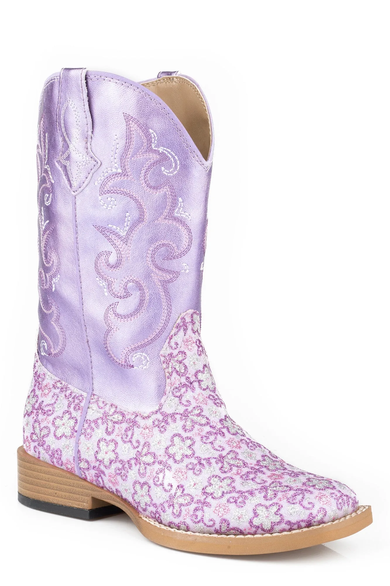 Roper Lavender Kids Purple Faux Leather Western Floral Glitter Boots