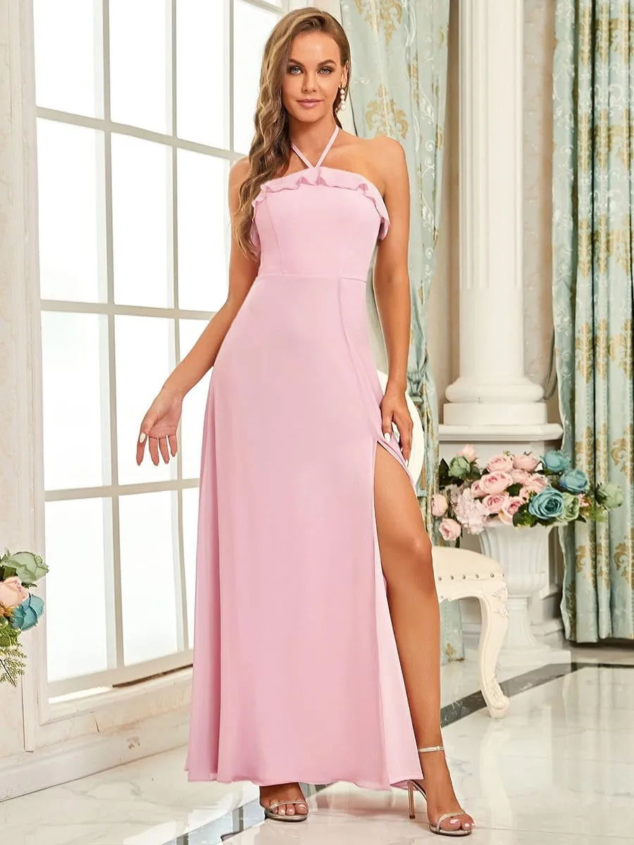 Ruffled Halter A-Line Bridesmaid Dress