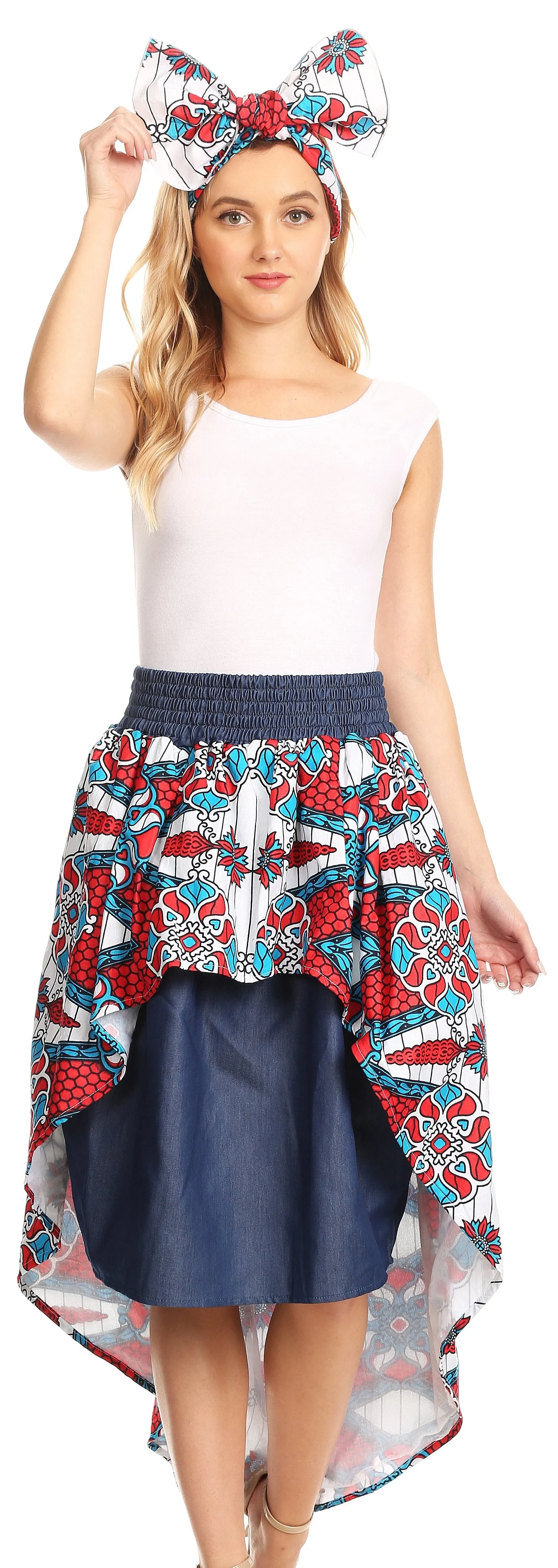 Sakkas Bahati Hi Low Mermaid African Ankara Dutch Wax Cotton Skirt Colorful