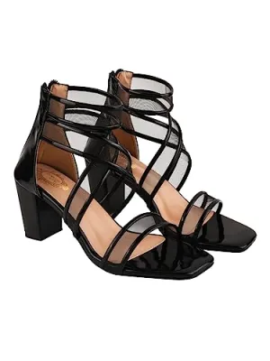 Shoetopia Patent Multi Cross Strap Black Block Heeled Sandals For Women & Girls /UK8